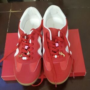 Vibrant Red and White Sneakers with Gold Details. MADDEN GIRL EUC